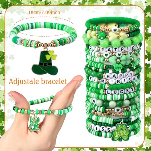 Landical 64 Pieces St. Patrick's Day Bracelets Bulk Beaded Favor Irish Lucky Leaf Shamrock Bracelet Pack Green Stackable Friendship Jewelry for Gifts Goody Bag Fillers Party Supplies - Image 4