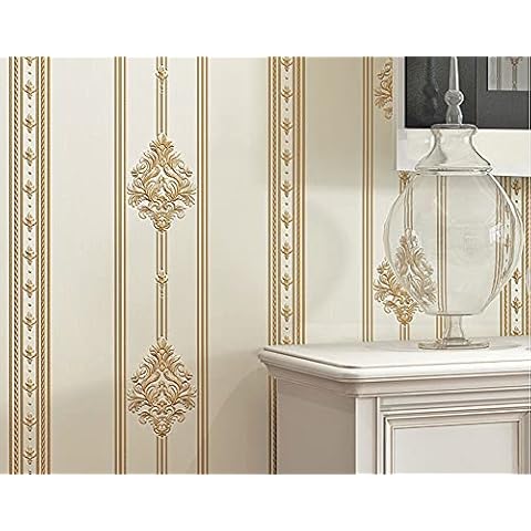 Q QIHANG 1.73' W x 32.8'L 3D Embossed Damask Printing Modern Minimalist European Style Bedroom TV Background Non-Woven Non-Pasted Wallpaper (B Beige) Cover