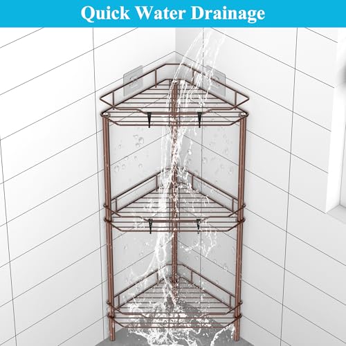 Image of HuggieGems 3 Tier Floor Standing Corner Shower Caddy Organizer Shelf with Hooks, Bathroom Shelves Stand Rack, Coffee