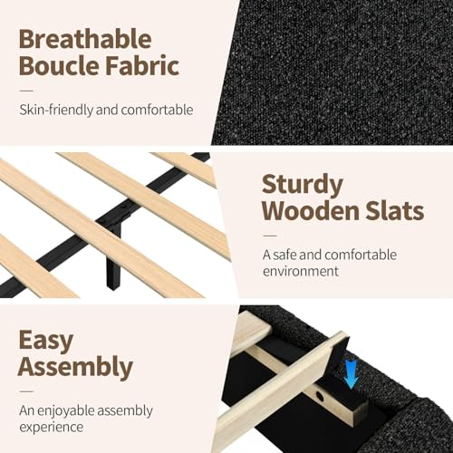Image of BarnFurin Full Bed Frame, Cloud Boucle Headboard, Rounded Corners, Black | Soft boucle and rounded edges create a low-profile cloud look. Wooden slats support the mattress without a box spring
