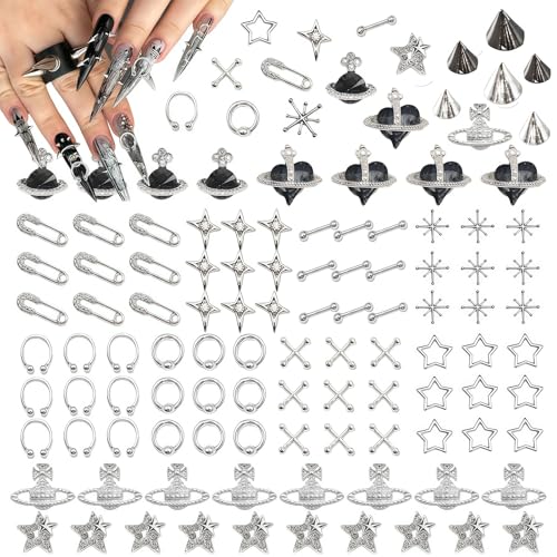110 pcs Punk Nail Charms 3D Goth Jewelry Kit Y2K Metal Planet Star Cross Spike Accessories Alloy Rhinestones for Acrylic Gel Art Design (punk)