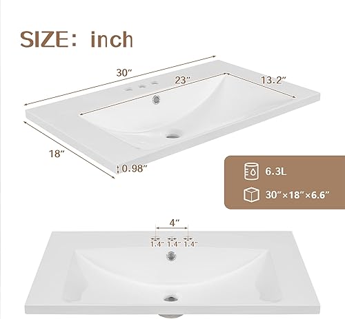 Miniatura 8 de Juego combinado de tocador y fregadero de baño de 30 pulgadas moderno juego de tocador de baño independiente con dos puertas y cajones color blanco