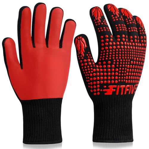 Image of BBQ Gloves, Oven Gloves, 1472F Extreme Heat Resistant Barbecue Gloves, Silicone Non-Slip Oven Mitts, Kitchen for Cooking, Grilling, and Baking (Red)