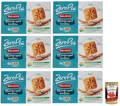6 galletas Balocco Zero Più Biscotti sin azúcar añadido, galletas con harina de arroz, avena y extra crujiente, paquete de 230 g + lata italiana Gourmet Polpa di Pomodoro de 400 g