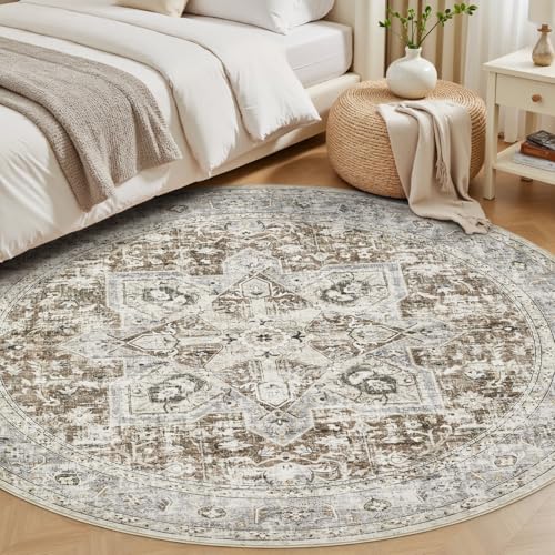 Tortania 8' Round Area Rug Living Room Rugs - Washable Boho Rug Vintage Oriental Distressed Farmhouse Large Thin Indoor Carpet for Bedroom Under Dining Table Home Office - Brown Blue