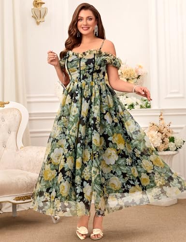 Image of EYWOL Plus Size Formal Wedding Guest Cocktail Party Floral Dress with Slit | Sweetheart A Line Midi\Maxi Tulle Dresses for Curvy Women, Adjustable Straps Smocked Back, Black Tie Evening Gown Gala Prom