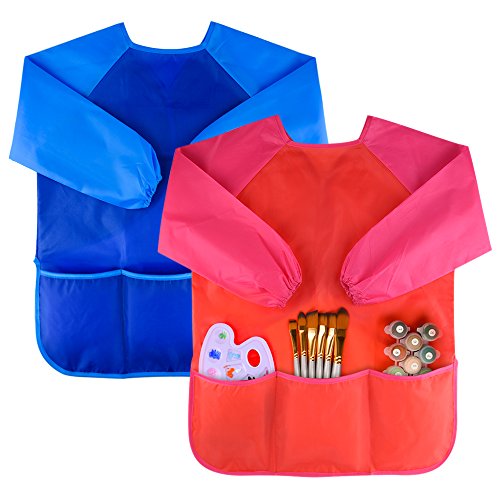 KUUQA 2 Pieces Waterproof Children's Art Smock Kids Painting Aprons with 3 Roomy