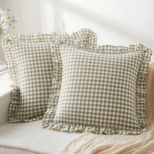 KKJIAF 2 Pcs Ruffle Gingham Pillow Covers 20 x 20 Sage Green Plaid