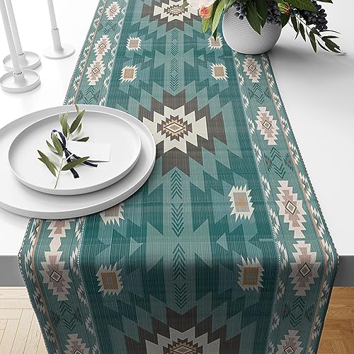 Image of Ethnic Southwestern Table Runner,Navajo Tribal Native American Boho Geometric Pattern Aztec Table Runner for Kitchen Table Dining Room Coffe 13x72 inch