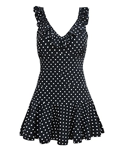 Tempt Me Women One Piece Vintage Polka Dot V-Neckline Falbala Edged Swimdress B M Black