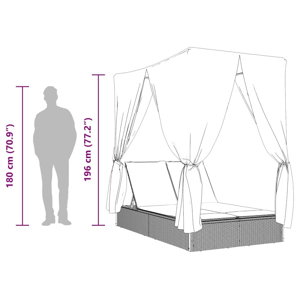 Chaise longue de jardin double avec toit et rideaux en polyrotin gris, dossier réglable, résistant aux intempéries, avec rembourrage et coussin, idéal pour terrasse, balcon, piscine, chaise
