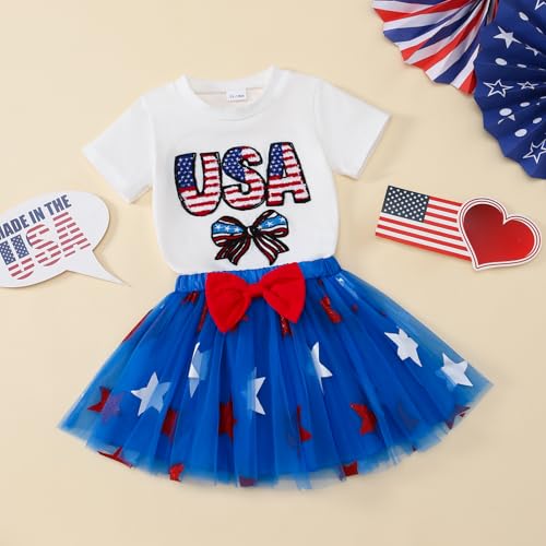 Image of Toddler Girl 4th of July Outfit American Flag Shirt+ Star Tutu Skirt Independence Day Clothes