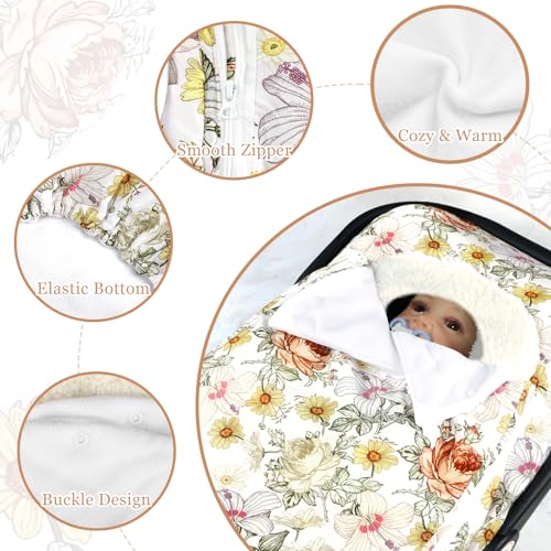Image of Baby Car Seat Cover Winter, Super Warm Baby Carseat Cover for Girl Boy, Plush Fleece Infant Car Seat Cover, Double Sides Zipper Carseat Canopy Covers, Purple Floral, Yellow Vintage Floral