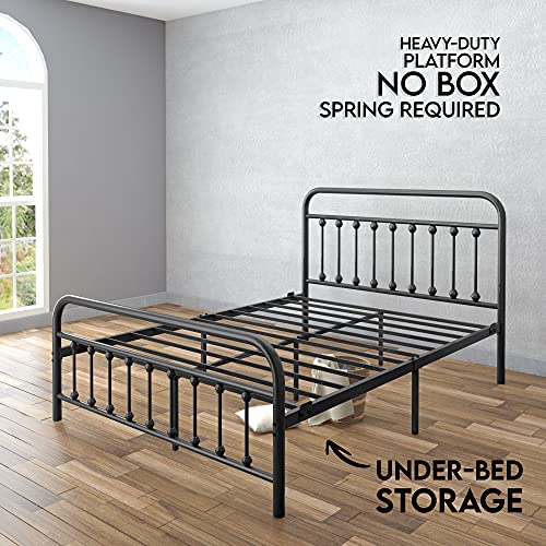 Ambee21 Vintage Queen Metal Bed Frame With Headboard And Footboard Platform/Wrought Iron/Heavy Duty/Solid Metal Slat/Textured Black/No Box Spring Needed/Industrial & Farmhouse #TOP3