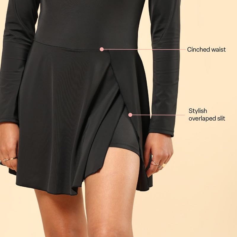 Image of Bliss Swim Dress - Full Sleeves, UPF 50+ Sun Protection, in-Built Cups, in-Built Shorts, Overlapped Slit in Skirt, Cinched Waist