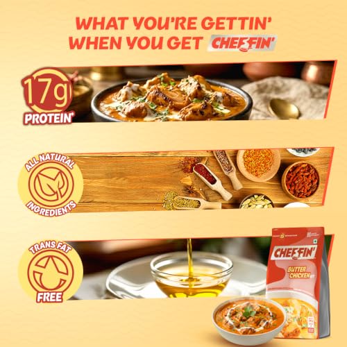 Image of Cheffin' Butter Chicken Masala 285g | Ready to Cook in 10 mins | Serves 2-3 | Just add Fresh Chicken or Paneer | All Natural, No Preservatives | 3-Pouch Cooking Kit for Restaurant Style Taste at Home