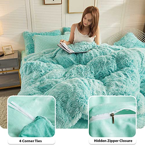 Liferevo Luxury Plush Shaggy Duvet Cover Set, Soft Velvet Fluffy Furry Duvet Cover Set(1 Faux Fur Fuzzy Comforter Cover + 2 Pom Poms Pillowcases) Bedding Set, Zipper Closure(Full/Queen, Ombre Aqua) #TOP4