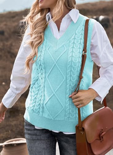 Image of EVALESS Oversized Sweater Vest for Women V Neck Sleeveless Cable Knit Tops