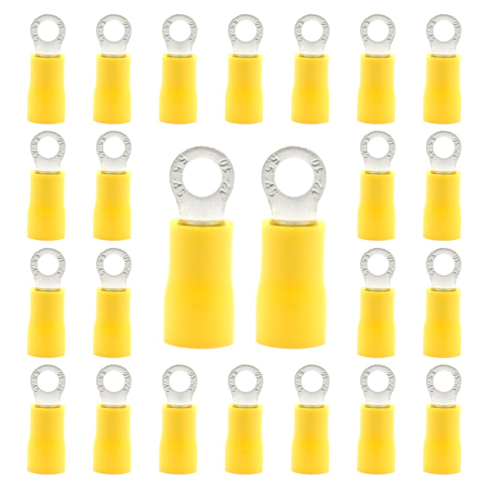 CEEYSEE 50Pcs Ring Wire Connectors M4 of Yellow Insulated Electrical Crimp Connectors Copper Ring Terminals（PRY4)