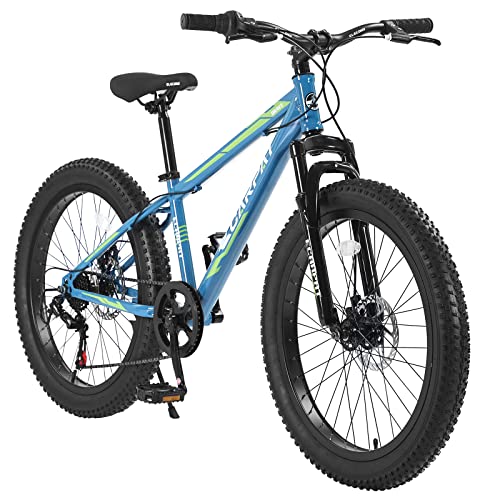 Beuiosda 24 Inch Fat Tire Mountain Bike, High Carbon Steel Frame, Front Suspension, 7 Speeds Commuter City Bicycle, Mountain Trail Bike, Multiple Colors, Blue+Green