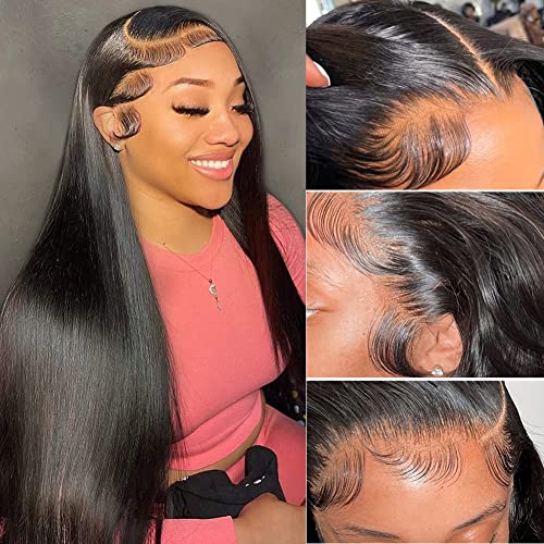 PAPYON 13×6 Straight Lace Front Wigs Human Hair Pre Plucked Straight Glueless Lace Frontal Wig 150% Density with Baby hair Brazilian Virgin Human Hair Wigs for Women Natural Color(18Inch)