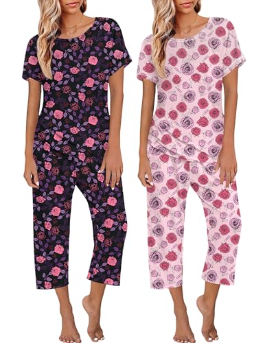 Image of Ekouaer 2 Pack Womens Pajamas Sets Short Sleeve Tops and Capri Pants Pjs Colorful Printed Sleepwear Sets