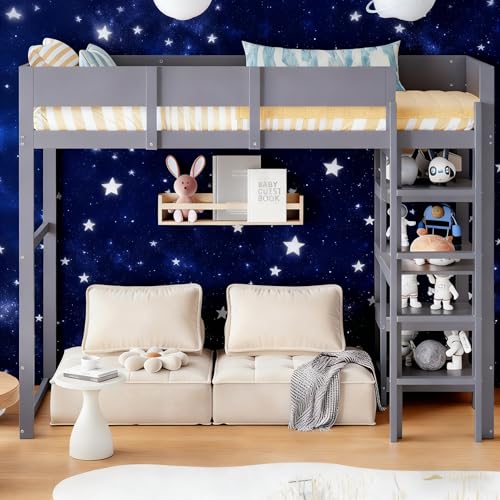 Ball & Cast Loft Bed (90x200cm) mit Lagerregal, Holzerner Bettgestell mit Leiter und Geländer, Einfach und Zeitsparend Montierbar, Stabil &...