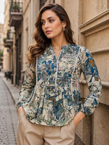 Image of Amazon Brand - INKAST Women Floral Regular Fit Tops | Blouse | Elasticated Cuffs | Shirt
