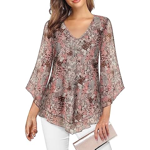 Viracy Country Concert Outfits for Women V Neck 3/4 Sleeve Tunic Tops Wedding Guest Chiffon Blouses Casual Office Wear Flowy Floral Shirts, Khaki-M Cover