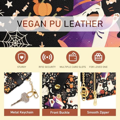 Image of Jogjam Halloween Cute Cat Ghost Rfid Wallet, Small Spooky Bats Pumpkin Slim Thin Credit Card Women Wallet, PU Leather Bifold Cash Zipper Coin Pocket for Holiday Gifts