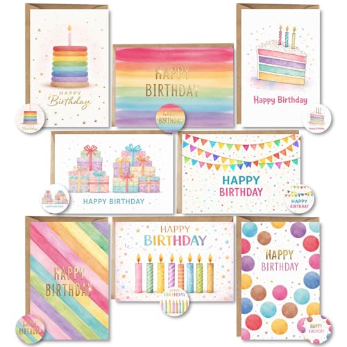 SIMPLY GIFTED Birthday Cards Multipack of 24 with Envelopes & Stickers 8 Unique Designs Gold Foil Finish Birthday Cards Premium Thick 10x15 cm Birthday Greeting Cards for Kids & Loved Ones