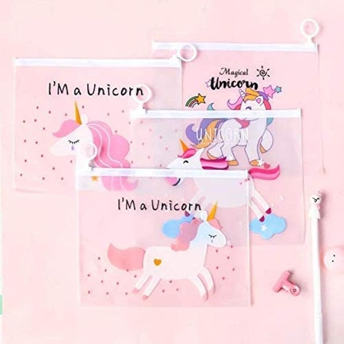 Image of Eclet Pack of 4 Unicorn Transparent Pencil Pouches | Aesthetic Clear Stationery Bags for Kids | Waterproof PVC Exam-Friendly Organizer with Pastel Designs