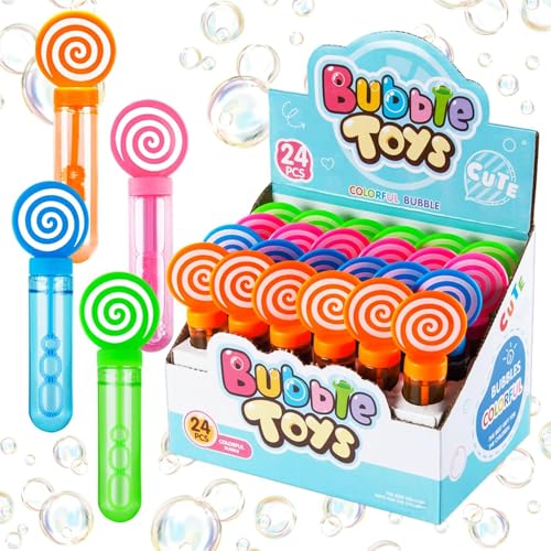 AMERTEER 24 Pack Party Favors Mini Bubble Wands Lollipop Design Bubbles Toys Set of 4 Colors for Kids Perfect for Birthday Parties Goodie Bag Fillers Christmas School Events Outdoor Games Boys&Girls