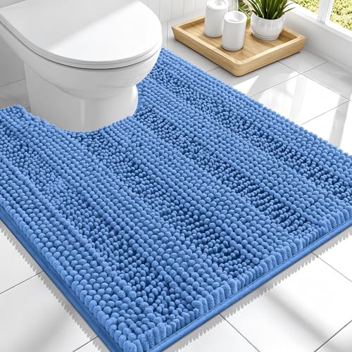 Image of Smiry Thick Chenille Toilet Rugs U-Shaped 24x20, Extra Soft Absorbent Striped Contour Bathroom Rugs, Machine Washable, Dry Quickly, Bath Mat, Cornflower Blue