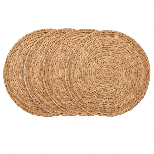 4 PCS Round Woven Placemats 20cm Natural Handwoven Wicker Placemats Heat Resistant Braided Straw Coaster Mats Rustic Boho Style Round Table Mats for Kitchen Dining Home Party Decor