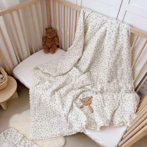 Image of BuLuTu Chic Shabby Floral Toddler Quilt 100% Cotton Muslin Quitled Blanket Girls Boys Comforter with Lace Edges, Crib /Toddler Bed Blankets, Plumbago Flower Print, 47x59 Inches, No Pillow