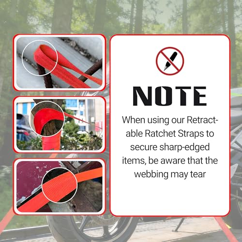 Image of Retractable Ratchet Straps 1 inch x 13Ft, Heavy Duty Self Retracting Tie Down Straps, 1800lb Break Strength Auto Retract Cargo Straps for Truck, Trailer, Motorcycle, ATV, UTV, (Red, 4 Pack)