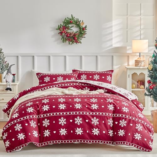 Image of Lekesky Christmas Duvet Cover King Size,3 Pieces Reversible Duvet Cover Set with Snowflake Holiday Bedding Set with Zipper and 8 Corner Ties, 1 Duvet Cover 104x90 inches + 2 Pillowcases
