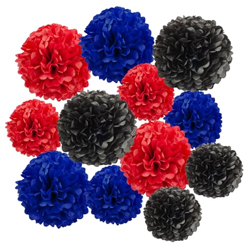 Image of 12pcs Red Blue and Black Paper Pom Poms Decorations for Birthday Party Decorations - 3 Colors of 12 Inch, 10 Inch