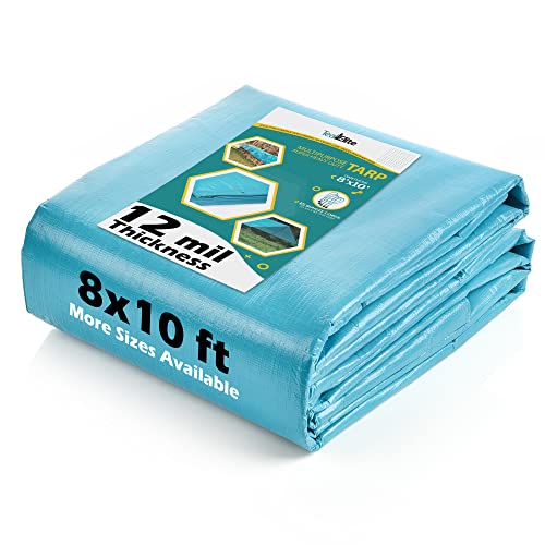 Tarps Heavy Duty Waterproof 8x10-12 mil Thick Camping Tent - Blue Tarp 8x10 UV Resistant, Rip & Tear Proof with Metal Grommets – Multipurpose Use for Camping, Tent, Boat, RV, Car, & Pool Cover