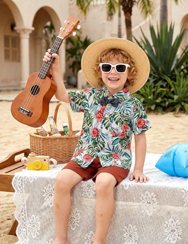 Image of JunNeng Toddler Baby Boy Shorts Sets Hawaiian Outfits,Summmer Hawaiian Shirt+ Elastic Shorts Vacation Clothes