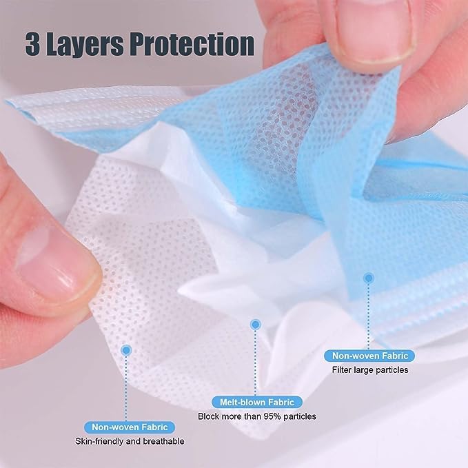 Miniatura 3 de 50 mascarillas desechables de nivel 3 con cinta elástica para las orejas, 0.14 onzas, 3 capas, desechables, individuales, no tejidas, transpirables,