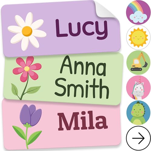 Personalized Name Labels for Kids (70 Labels) - Durable & Waterproof Custom Name Stickers for Clothing Tags School Supplies Camp & Daycare - Flowers (1.2x0.5)