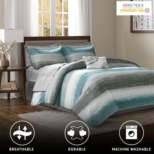 Madison Park Essentials Cal King Comforter Set, Bed in a Bag, Watercolor Print Coastal Comforter & Chambray Cotton Sheet Set, All Season Bedding Set, Saben, Aqua Cal-King (104 in x 92 in) 9 Piece by Madison Park - Image 3