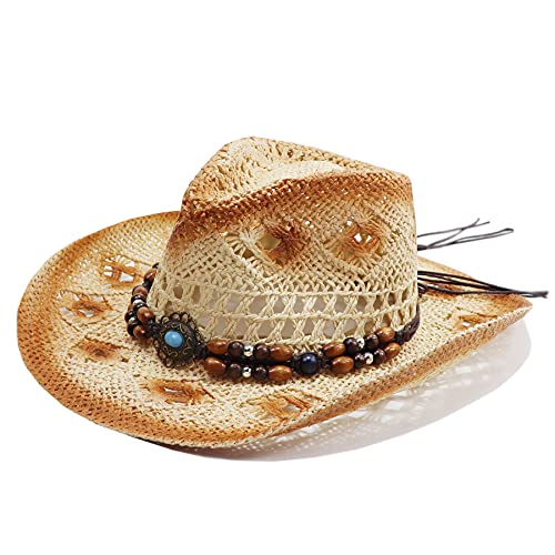 jiaoji Men & Women's Woven Straw Cowboy Cowgirl Straw Hat Cowboy Hats for Women Cowboy Hat Shapeable Brim, Beach Cowgirl (Tea Stain-Brown/Beads)