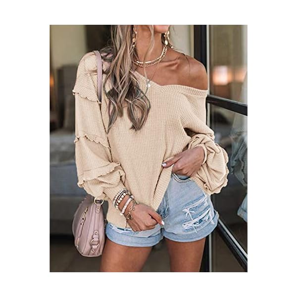 BTFBM-Womens-V-Neck-Long-Sleeve-Blouse-Loose-Fit-Tunics-Ruffles-Off-Shoulder-Waffle-Knit-Solid-Color-Tops-Fall-Tee-Shirts BTFBM Women’s V Neck Long Sleeve Blouse Loose Fit Tunics Ruffles Off Shoulder Waffle Knit Solid Color Tops Fall Tee Shirts(Solid Apricot,Small)