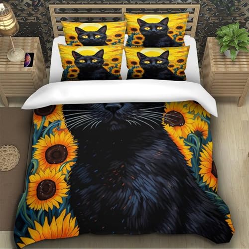 Parure de lit chat noir 200x200 avec housse de couette microfibre pour lit double