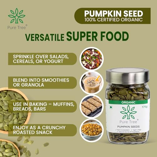 Image of Pure Tree Certified Organic Pumpkin Seeds | 175 g | Glass Jar | Kaddu ke Beej | Seeds for Eating Good Source Of Omega 3 | Raw Pumpkin Seeds Superfood