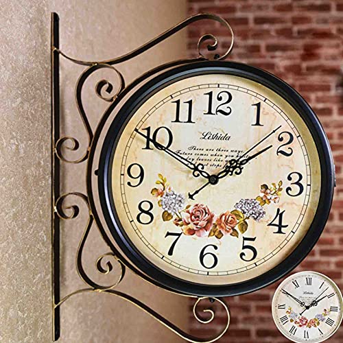 HUIBBGO Reloj de pared vintage de doble cara, reloj de pared industrial vintage para decoración al aire libre, arte de pared, decoración antigua, reloj de pared de oficina, reloj de pared silencioso