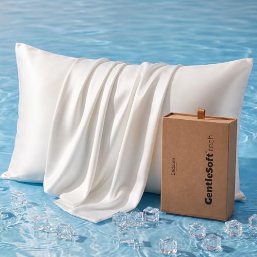 Bedsure Cooling Pillowcase for Hot Sleepers Silk Like Pillow Case Queen Size Set of 2 Reduce Wrinkles & Frizz-Free Hair Infused with HA & Ceramides for Skin Hidden Zipper Queen White